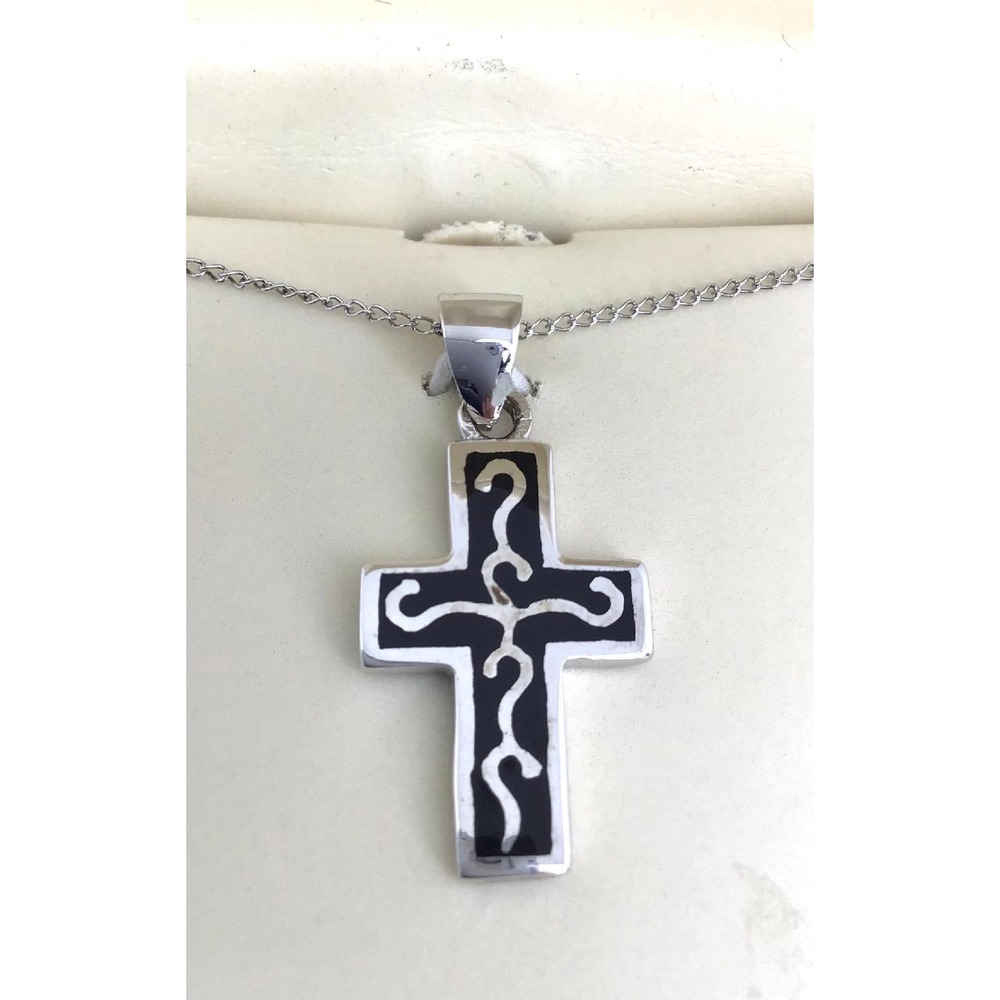 Tru-Kay Sterling Silver Black Enamel Tribal Swirl Cross Necklace Religious Y2K
